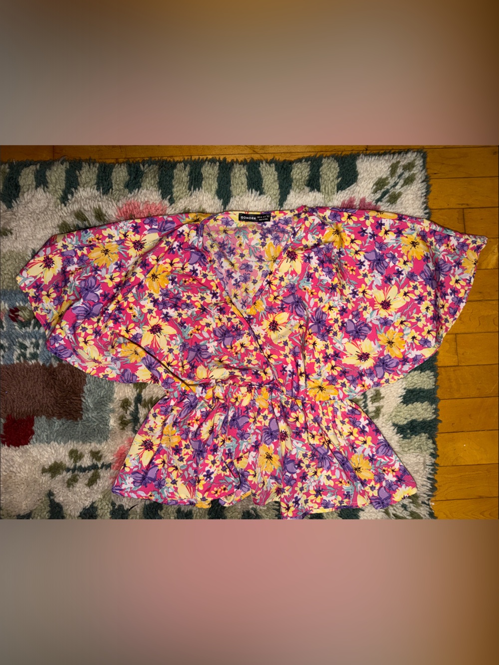 Vintage Multicolor Floral Peplum Top - Pink, Yellow & Purple